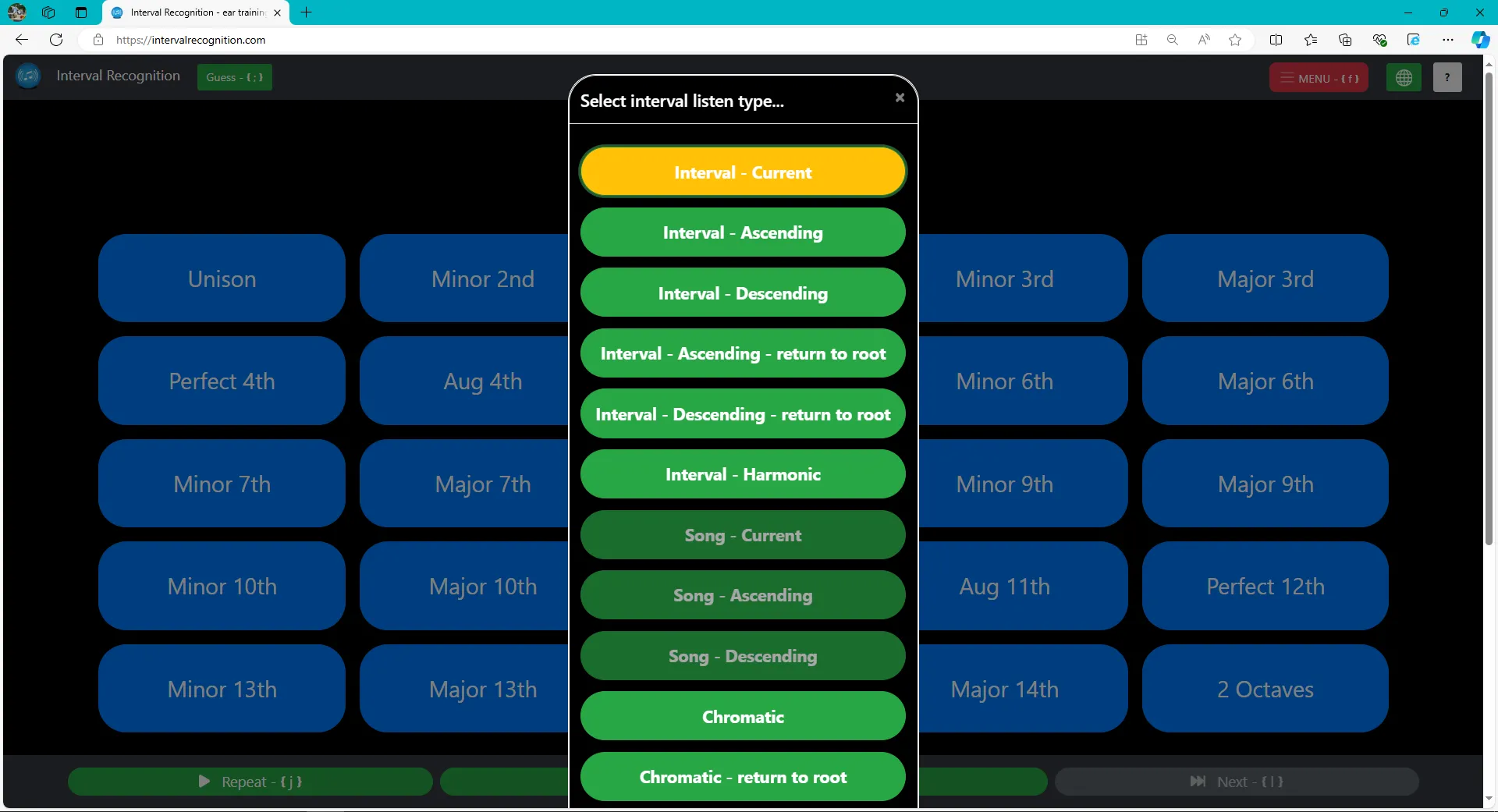 Modal box for Choose a Listen Type