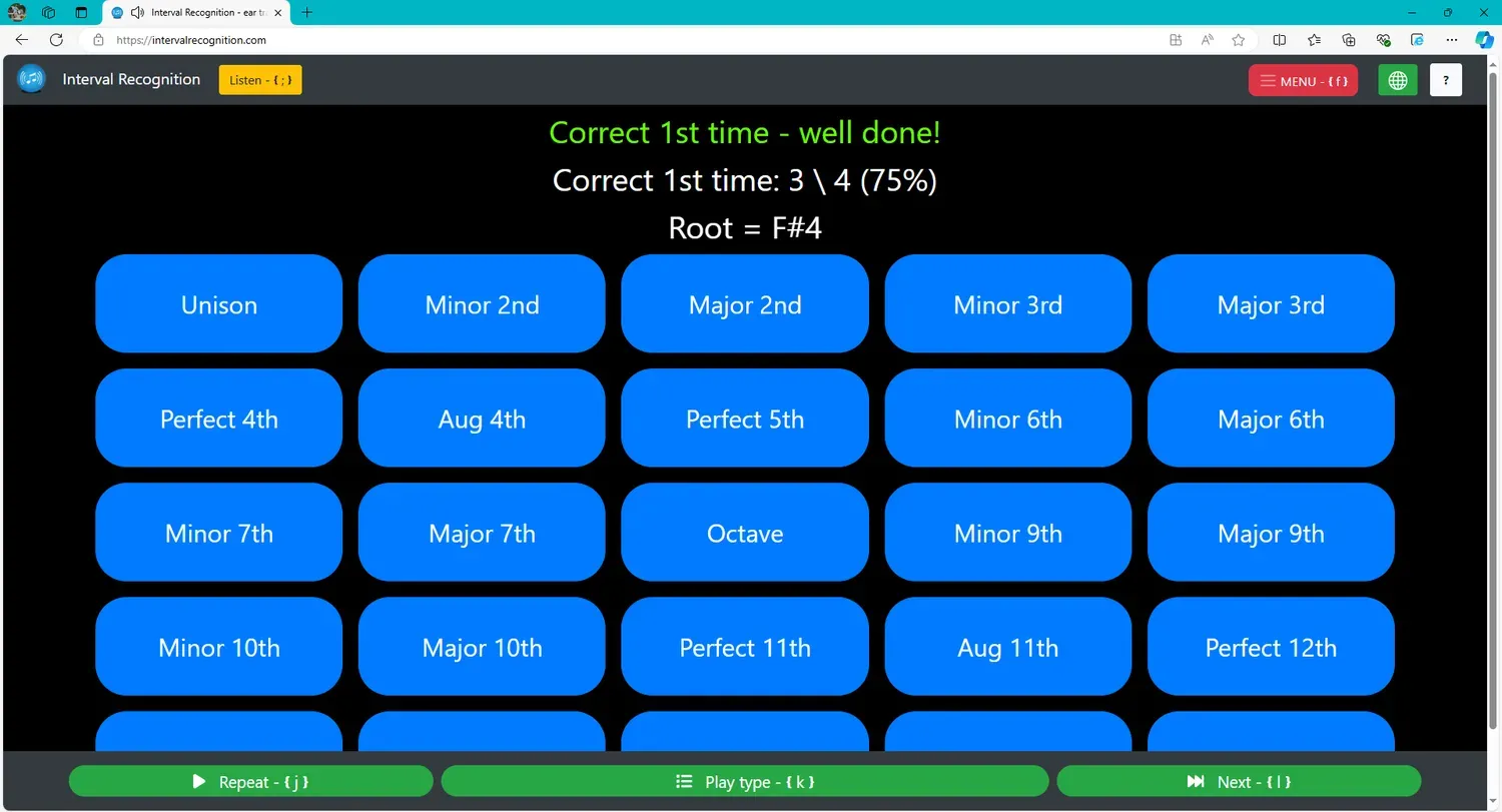 screenshot showing main page of IntervalRecognition.com with buttons for each interval in the middle
