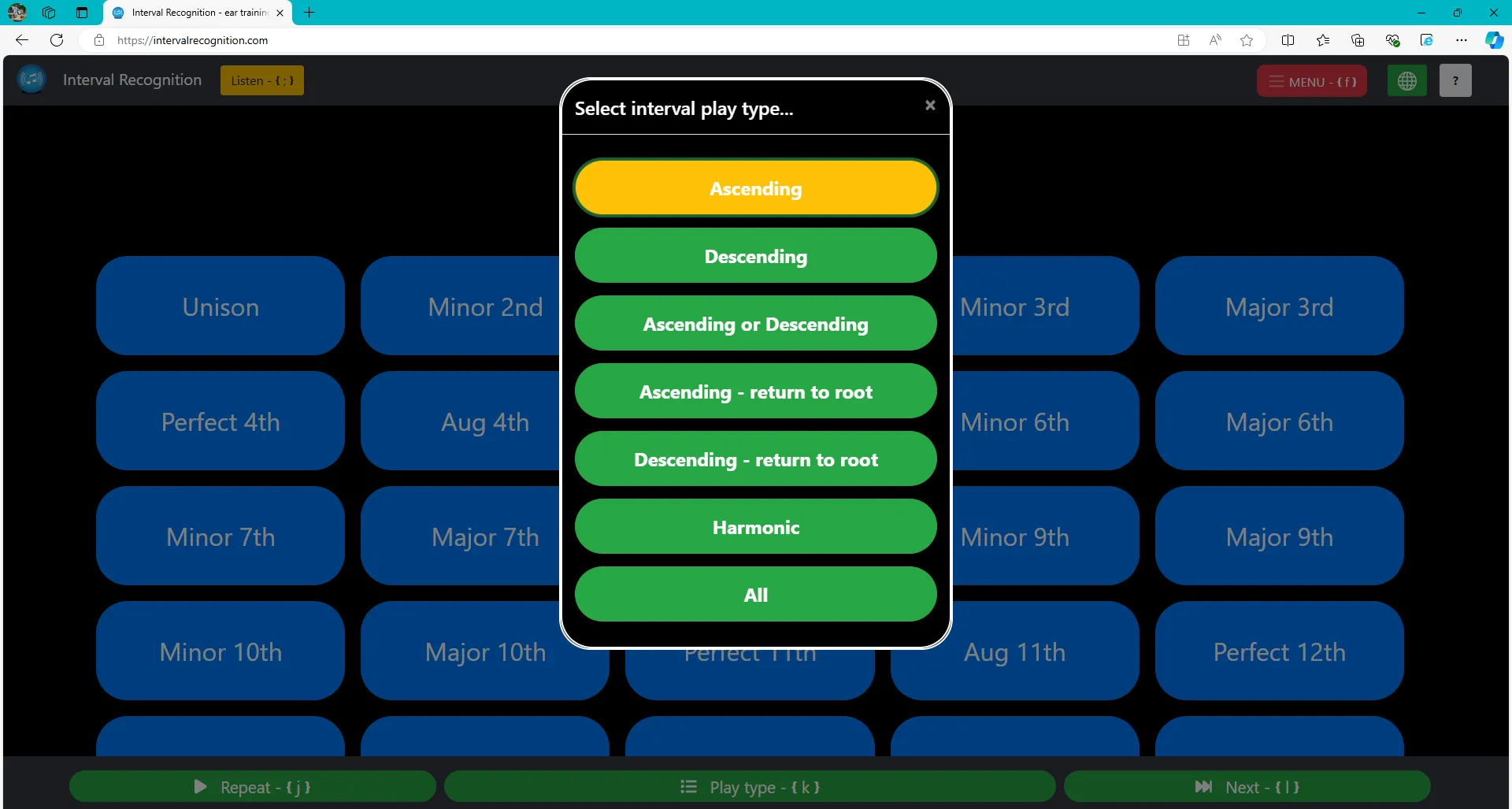 Modal box for Choose a Play Type